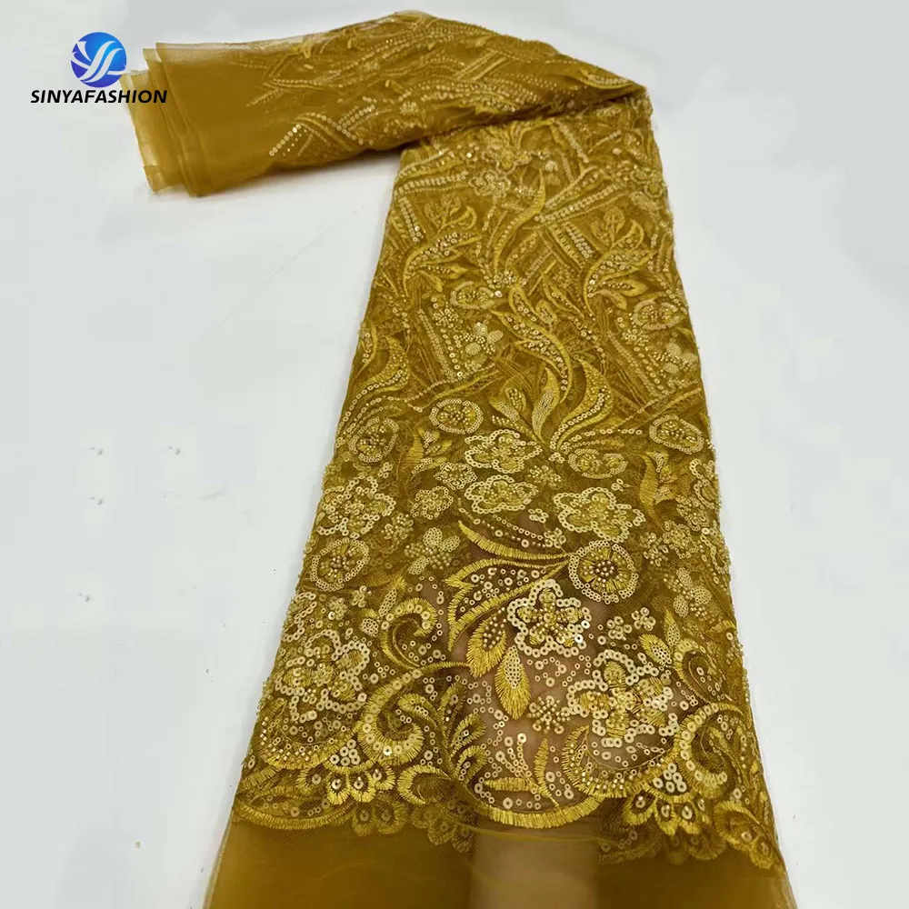 Renda bordir indah kualitas tinggi payet renda Tulle renda manik-manik Afrika 5 yard untuk pakaian pesta pernikahan