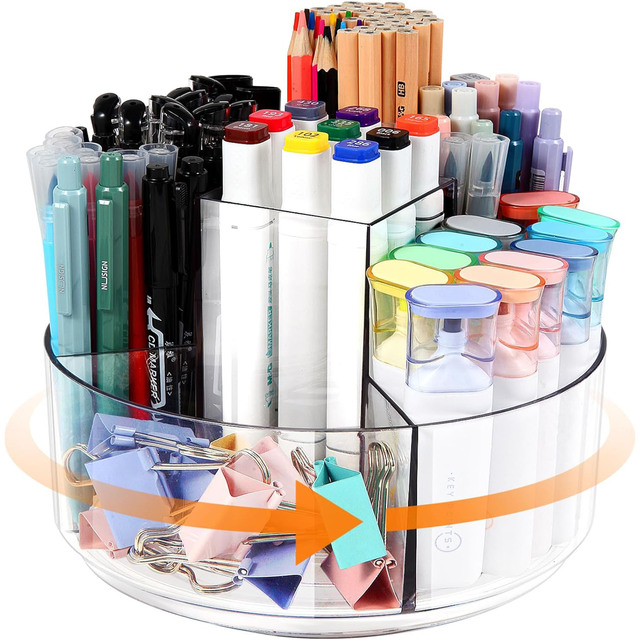 Clear Rotating Pencil Holder 5 Slots 360 Degree Spinning Acrylic Pen Holder Art Supply Marker Organizer Caddy for Desktop
