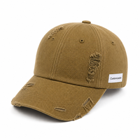 Casquette de baseball personnalisée avec logo, détails déchirés, 6 panneaux, non structurée, visière incurvée, couleur kaki, vente en gros, usine OEM ODM