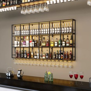 Estante <span class=keywords><strong>de</strong></span> Barra <span class=keywords><strong>de</strong></span> Pared Personalizado con Luces LED - Estante para Vino y Licores <span class=keywords><strong>de</strong></span> <span class=keywords><strong>Hierro</strong></span> <span class=keywords><strong>Forjado</strong></span> para Restaurante o Bar en Casa - Product Image 2