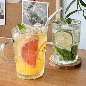 Tivray Clear Fruit Tea Ins Wind Mojito Summer Juice Dessert Cold Drink Drink With Handle Vertical Stripes Glass Cup