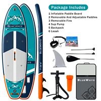 Vente Flash : Planche de SUP gonflable extra large 11' x 36" en Drop Stitch, motif paysage montagneux vert-bleu avec kit de garnitures orange