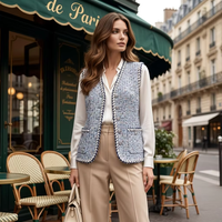 Gilet en tweed pour femme, bleu clair, col en V, sans manches, élégant, à carreaux, veste sans manches, gilet à un bouton