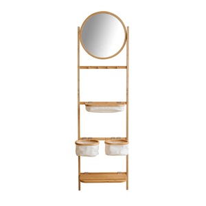 BAMBOO Wooden Natural Bathroom Valet Towel Storage Rack <strong>Leaning</strong> <strong>Ladder</strong> <strong>Shelf</strong> with Mirror - Product Image 2