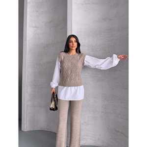 Conjunto de Punto 1561 con Detalles Bordados, Camisa Holgada de Tela de Lana con Estampado - Product Image 3