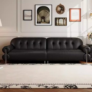 French Retro Black Cloud Top Grain Leather Straight Sofa Italian Minimal Couch for Small Living Room Home Decor - Product Image 5