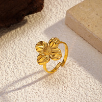 Cincin Baja Anti Karat Grosir Lapis Emas 18K Motif Bunga Matahari Mutiara Pita, Cincin Jari Model Statement yang Dapat Disesuaikan untuk Wanita