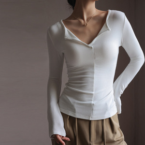 Maglietta Intima a Maniche Lunghe Bianca Chic da <span class=keywords><strong>Donna</strong></span> in Modal di Alta Qualità con Scollo a V, Minimalista, per Autunno Inverno - Product Image 1