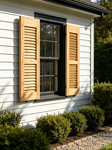 Wooden Plantation Shutter Pair Stained Finish Manual Operation Horizontal Rectangle Minimalist Bedroom - Product Image 1