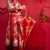 Parasol de Mariage Rouge Style Chinois à Long Manche en Alliage, 8 Baleines, Manuel, Protection UV 190T, Parapluie Droit