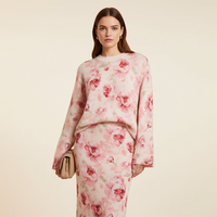 Ensemble jupe mi-longue et pull en laine mérinos mélangée à motif floral jacquard, coupe décontractée, col rond, pour femme