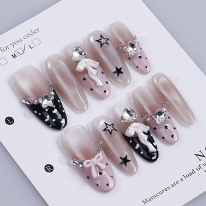 <span class=keywords><strong>Uñas</strong></span> Postizas de Lujo Hechas a Mano en 3D, Color Rosa y Negro, Diseño de Ojo de Gato, Forma Almendrada Larga, con Lindos Puntos y Corazones, Adornadas con Pedrería - Product Image 3