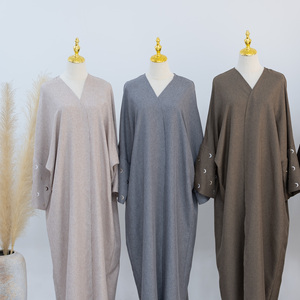 2024 nuovo arrivo OEM ODM Islamic abbigliamento Abaya Kimono Cardigan ricamo musulmano EID cotone <span class=keywords><strong>mezzaluna</strong></span> lino Abaya - Product Image 5