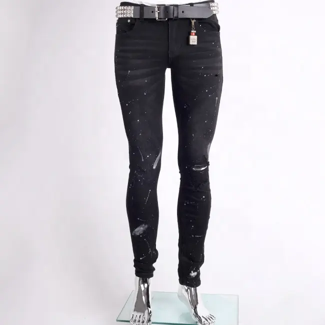 fashion high waist skinny denims black Distress And Splatter Paint ripped Jeans for men