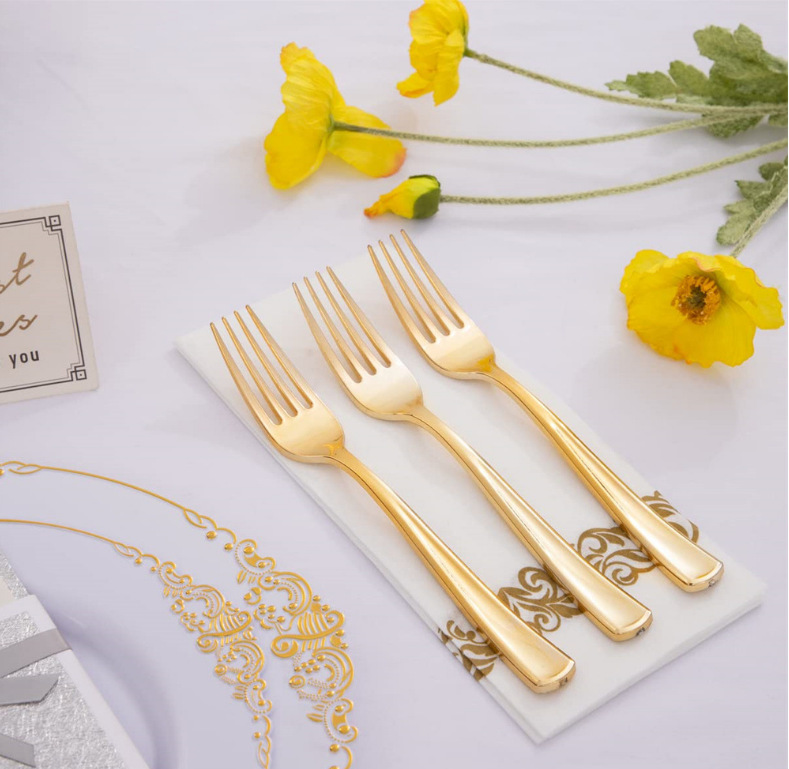 XUELI DM-2 Gold Disposable Plastic Cutlery Set - Elegant Knife Fork Spoon for Wedding Party Supplies
