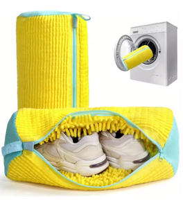 Sac de lavage durable pour toutes sortes de chaussures - Jaune avec fermeture éclair bleue, idéal pour les baskets et les chaussures décontractées - Product Image 1