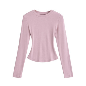 Camiseta Sexy de Manga Larga con Cuello Acanalado, Ligera, Transpirable y Elástica en Cuatro Direcciones para Mujer, Color Sólido, Top Básico para Todos - Product Image 5