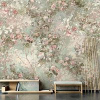 Papier peint mural personnalisable style Art déco vintage, rose rose et feuille verte, nature morte, jardin botanique, décoration de salon et de maison