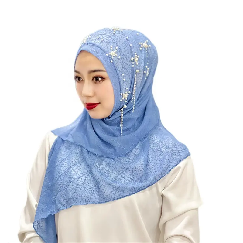 Mode einfarbige Hijabs mit Quaste Nagel Perlen Blume muslimische Frauen Polyester Hijab Schal