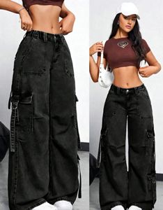 New Mixed Styles <strong>Women</strong> Overalls High Waisted Loose Wide Leg Distressed Denim Pants Casual Streetwear Bow - Product Image 3