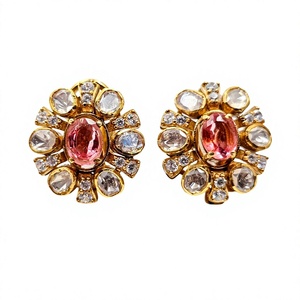 Pendientes de tuerca florales Kundan Polki, diseño geométrico vintage de moda, engaste de rubí, aleación de zinc, pendientes Huggie étnicos para mujer - Product Image 3