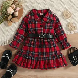 Roupas infantis engraçadas de outono e inverno, roupas para bebês, crianças, outono e inverno, roupas de natal europeias e americanas, xadrez britânico, vestido para meninas com cinto