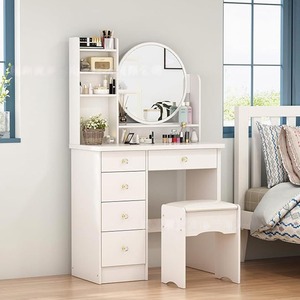 Juego de tocador de maquillaje moderno personalizado con taburete de espejo Led, tocador al por mayor para salón de belleza, hogar, fábrica de muebles Oem Odm - Product Image 1