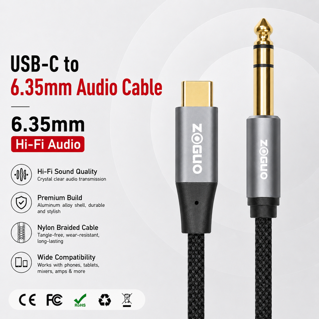Type C to 6.35mm Audio Cable for Computer-Twisted Pair Professional Use Gold Plated Bare Copper Shielded