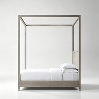 Lit à baldaquin minimaliste et discret avec cadre en bois massif et panneaux en cuir gaufré pour mobilier de chambre Queen et King Size