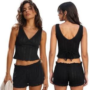 2 Piece Set Textured Solid Color Sleeveless Tank Top Camisole with <b>Tie</b> <b>Back</b> Summer Lounge Wear Shorts Pajama - Product Image 1