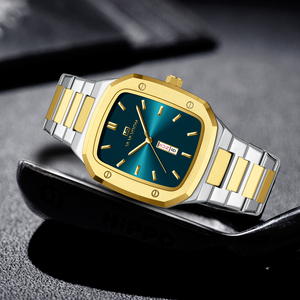 Fashion Gold Tone Men's Wristwatch Unique Square <b>Case</b> Dual Date Display Business Casual Watch - Product Image 2