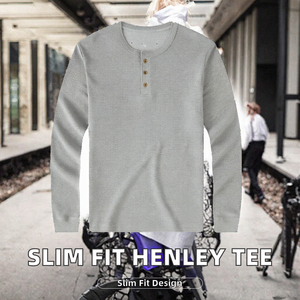 Custom 3 Button <b>Henley</b> T Shirt <b>Men</b> <b>Long</b> <b>Sleeve</b> Slim Fit Waffle Knit Polyester Cotton - Product Image 2