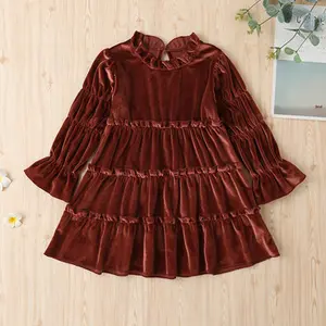 Robe de baptême en velours rétro, demi-Chic, col montant, manches longues, pour bébé fille