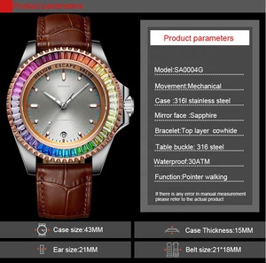 Montre mécanique automatique pour homme avec lunette en diamant arc-en-ciel NH35, montre-bracelet de luxe en cuir véritable imperméable pour les affaires - Product Image 5