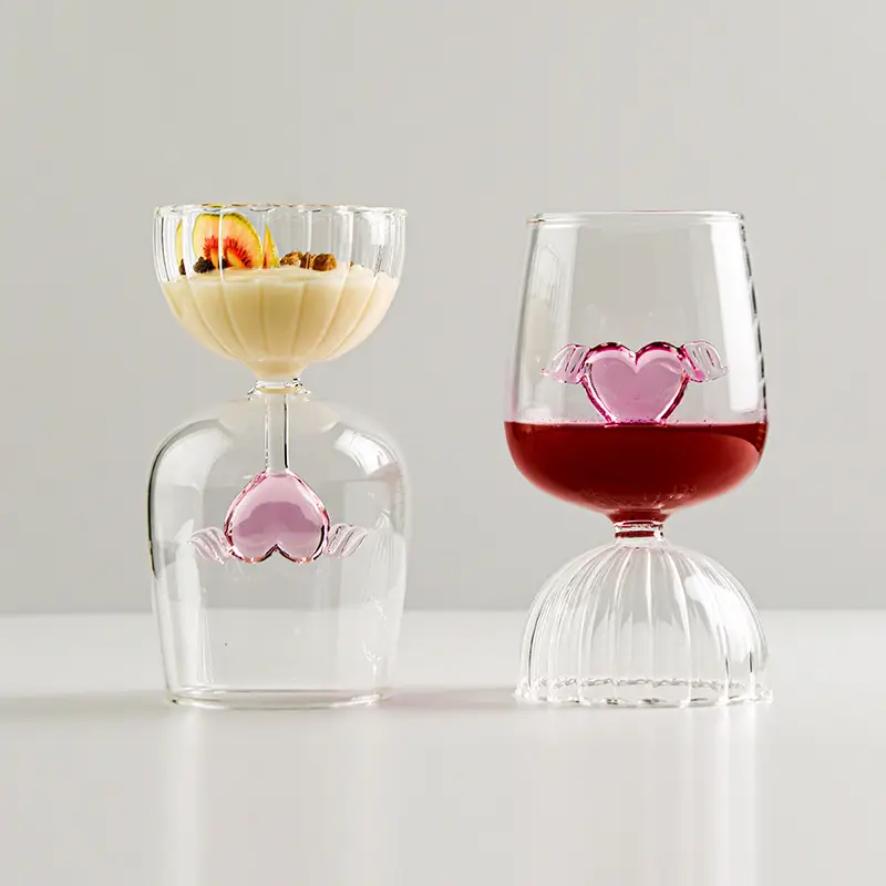 Gobelet à tiges courtes à motif ondulé, tasse en verre à vin avec ailes en forme de cœur rose pour les amoureux, cadeau de mariage