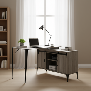 Scrivania per Computer in Rovere Grigio con Design a Porta Scorrevole Stile Barn, Arredamento per Ufficio Domestico - Product Image 2