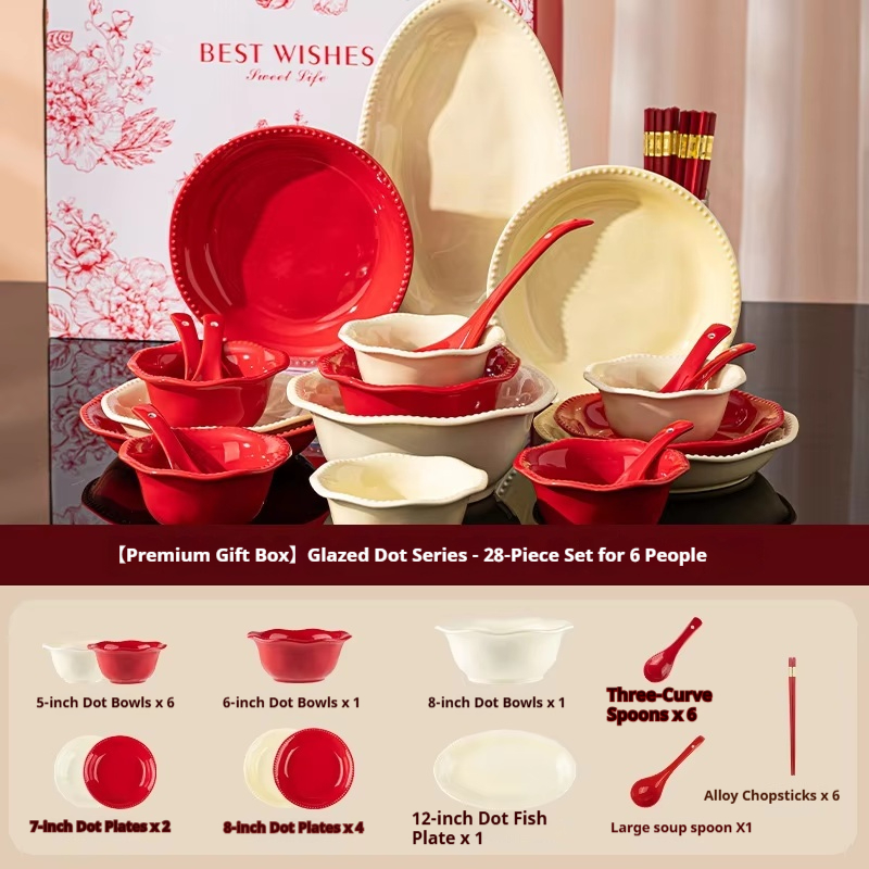 rose red + cream yellow, 28-piece set for 6 people
