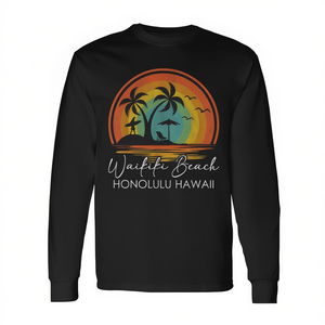 Camiseta de Manga Larga Unisex con Cuello Redondo y Diseño Tropical de Waikiki Beach Honolulu Hawaii, Ropa de Verano - Product Image 2