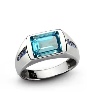 Italian Signet 925 Silver Jewelry Sideway Blue Topaz Emerald Cut Diamond 3A Cash Rings For Men Ring