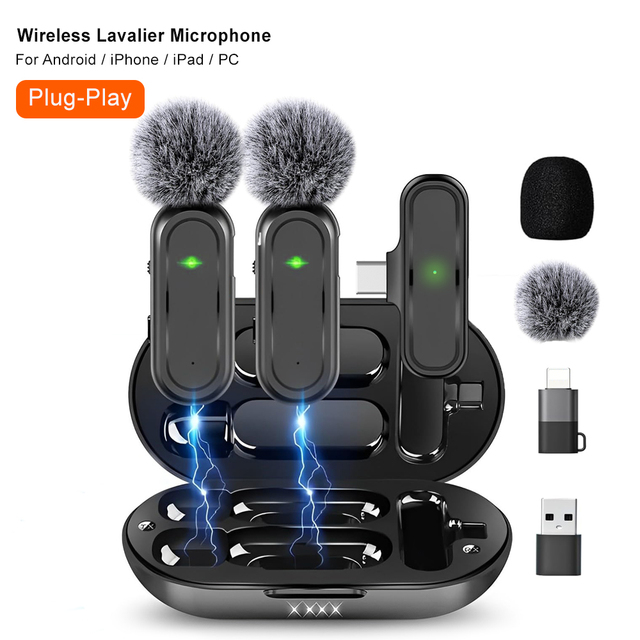 Wireless Lavalier Microphone for iPhone iPad 2 Pack Microphone for iPhone with Charging Case Intelligent Noise Cancell Lapel Mic