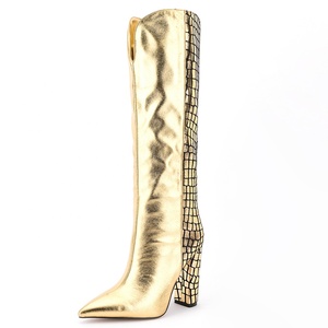Bottes hautes pour femmes, grande taille 47, imprimé pierre dorée, patchwork, talon épais, sur bottines longues multicolores - Product Image 2