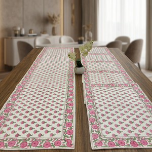 Ensemble de chemins de table en coton imprimé à la main motif floral rose, style traditionnel, lavable en machine ou à la main, pour la décoration de la maison et de la salle à manger - Product Image 2
