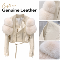 Chaqueta de Cuero para Mujer, Multicolor, Otoño, Chaqueta Corta de Piel de Oveja Genuina con Ribete de Piel de Zorro, Gran Oferta