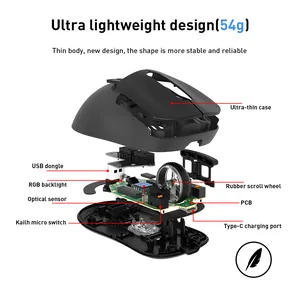 OEM Ergonomic Design Gaming Mouse For PC Tri-mode Wireless Ultra Light 54g Feather Like Illuminate RGB Factory Mouse Bluetooth