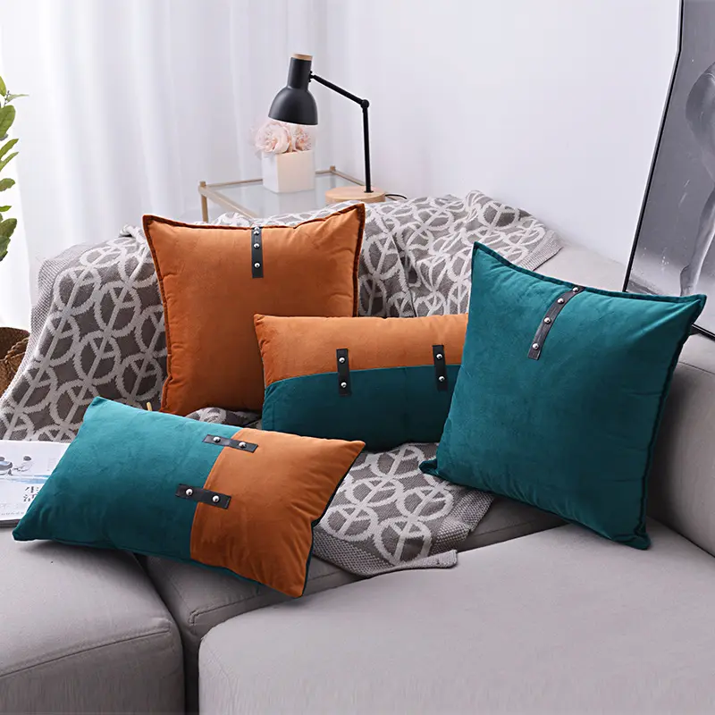 Light Luxury Velvet PU Leather Throw Cushion Cover Patchwork Teal Orange Pillow Case with Silver Button Decoration Home Decor