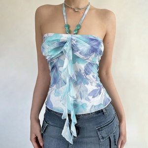 Haut bustier vintage pour femme à imprimé floral, avec volants plissés sur le devant, ruban et décorations perlées, collection été 2026 - Product Image 3