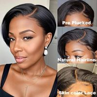 Perruque en cheveux humains vierges péruviens, dentelle transparente 5x5, sans colle, courte et droite, 8 pouces, couleur naturelle pour femmes noires