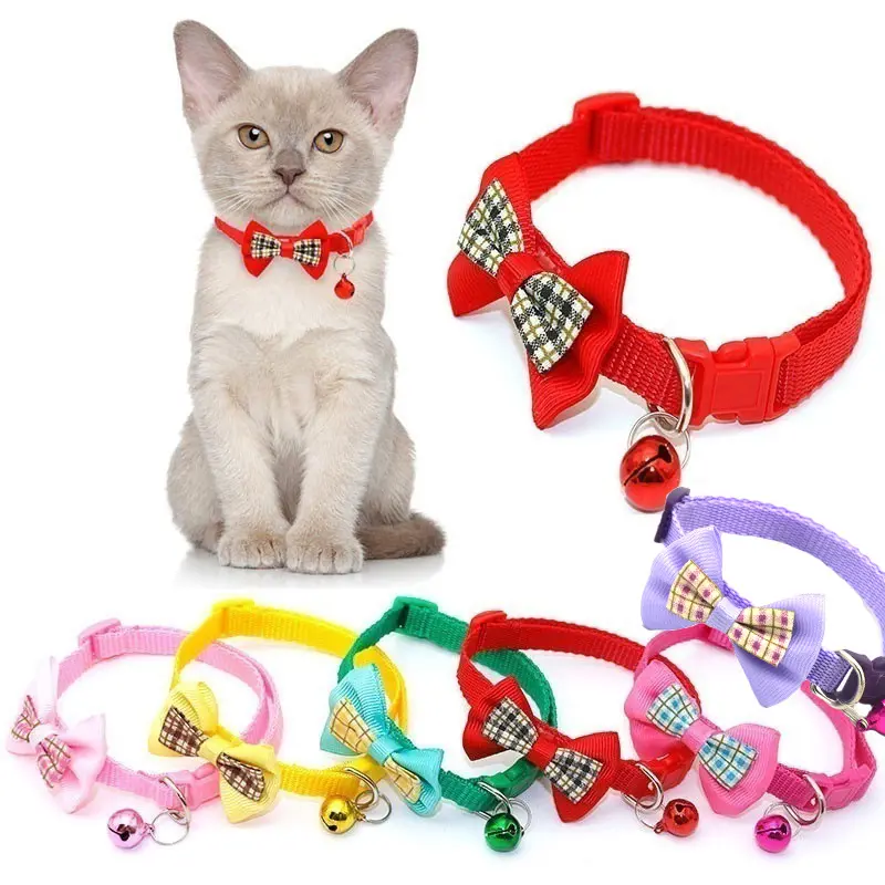 Collier pour chat 7 couleurs colliers réglables en nylon pour animaux de compagnie avec nœud papillon mignon et collier de sécurité pour chat cloche accessoire pour animaux de compagnie