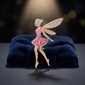 Broche féerique en or rose avec pierre précieuse rose et ailes de diamant, cadeau de bijoux fins pour femmes - Product Image 3