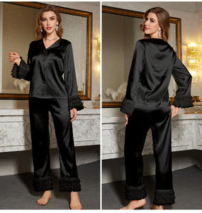 Hygiluxury lüks kadın düğün gecelik uzun kollu dantel manşetleri gömlek ve pantolon pijama takım kadın 2 adet saten ipek Set - Product Image 4